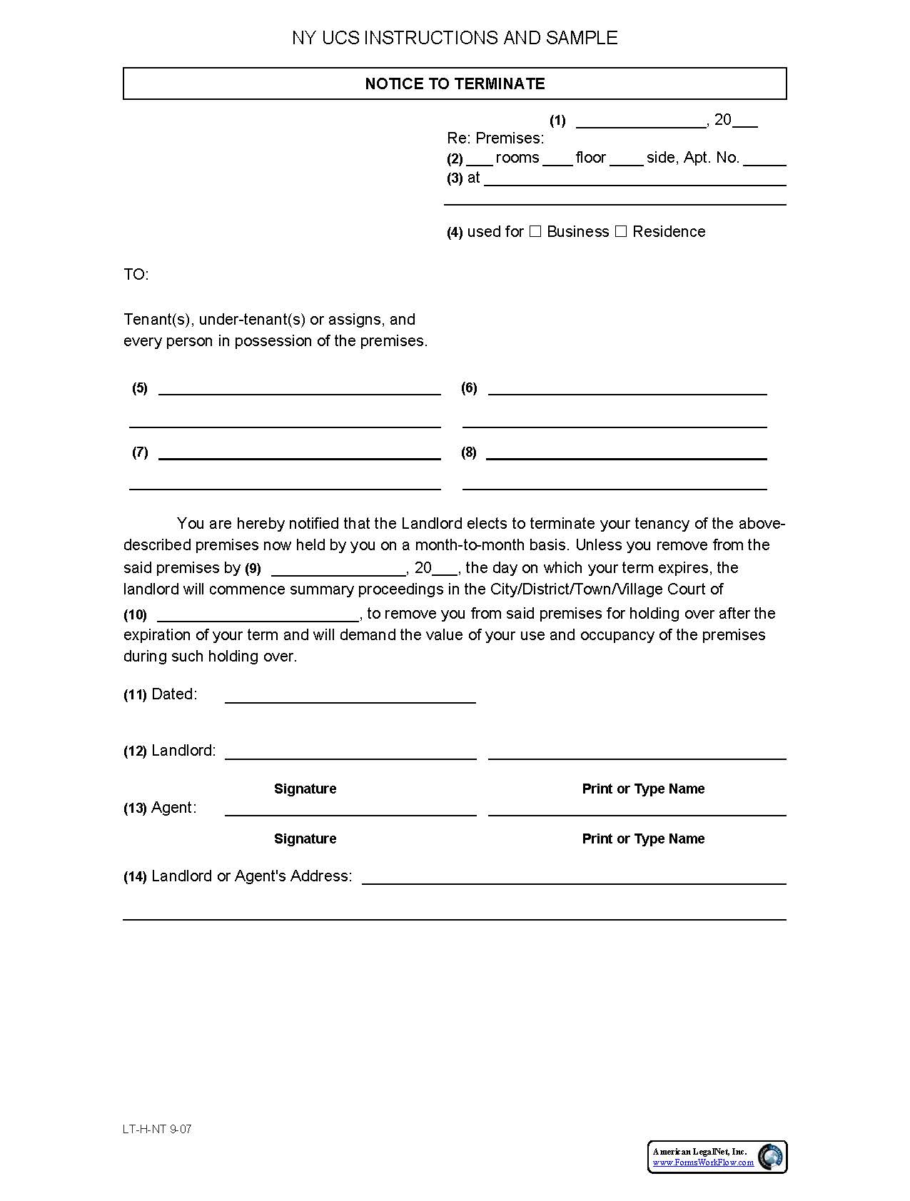 Notice To Terminate (Month-To-Month Tenancy) [Instructions Sample And Form] | Pdf Fpdf Doc Docx | New York
